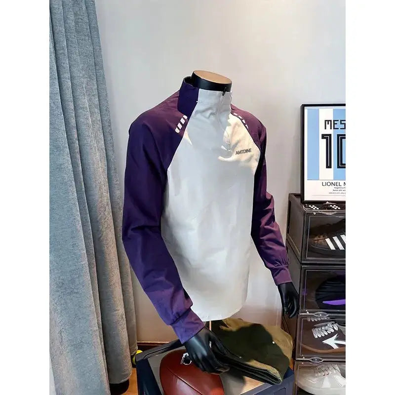 Patchwork Mock Neck Men’s Casual Long Sleeve Tee