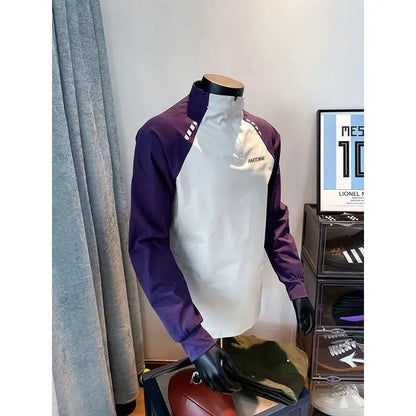 Patchwork Mock Neck Men’s Casual Long Sleeve Tee